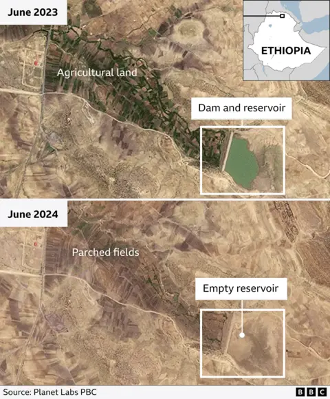 Satellite images of Korir micro-dam and reservoir from June 2023 and June 2024