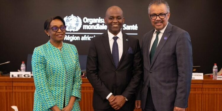 Dr Faustine Engelbert Ndugulile of Tanzania (middle) was nominated as the next director for WHO African Region. (WHO/Daniel Elombat/Supplied) 
