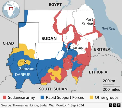 Map of Sudan showing areas controlled by Sudan's army and areas controlled by the rival Rapid Support Forces