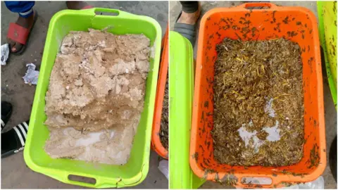 Stanis Bujakera Prison food in Makala - a tub of dry, hardened maize meal turned hard and dry, accompanied by a watery brown vegetable stew