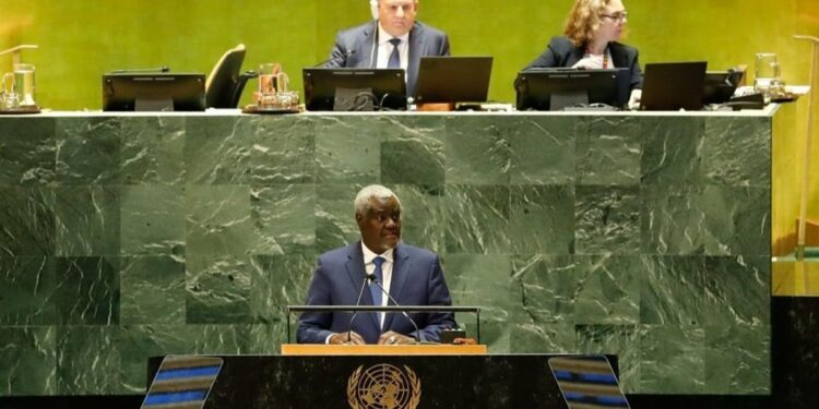 African Union Commission (AUC) chairperson Moussa Faki Mahamat addressed the Summit of the Future in New York. (@_AfricanUnion/ X, formerly Twitter)