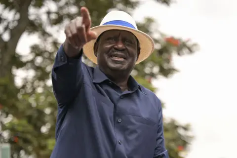 Getty Images Raila Odinga addresses supporters outside the Kenyatta National Hospital in Nairobi, on 26 July 2023, after meeting protesters that were injured in recent anti-government protests