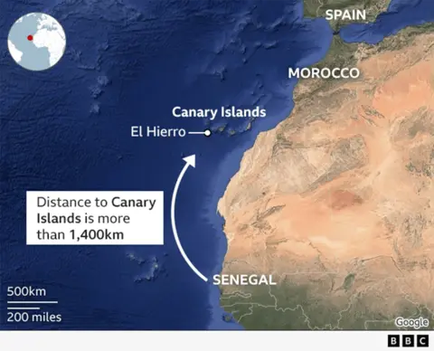 Map of West Africa showing the migrant journey from Senegal to the Canary Islands