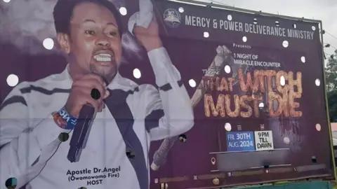 Advocacy for Alleged Witches Church billboard featuring a pastor and the message 