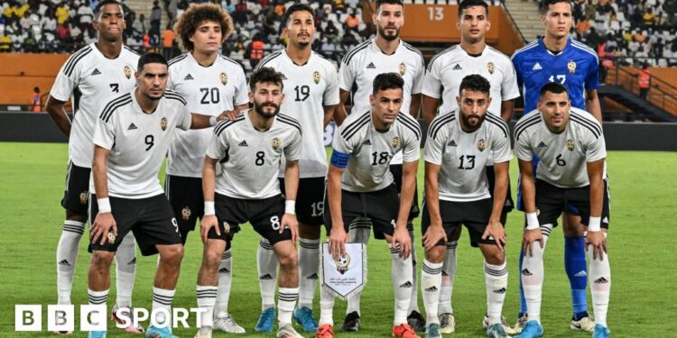 The Libya national team pose for a team photo ahead of an Africa Cup of Nations qualifier