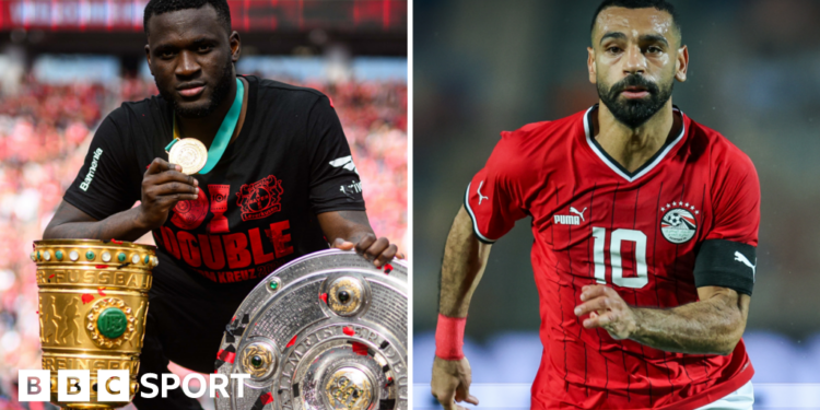 Victor Boniface is pictured wearing a winner's medal behind the DFB-Pokal and Bundesliga trophies, while Mohamed Salah is pictured running towards the camera in a red Egypt shirt