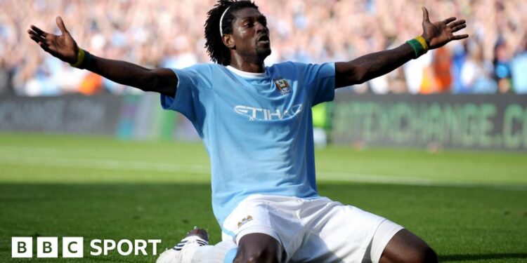 Emmanuel Adebayor celebrates a goal for Manchester City by kneeling down and stretching his arms out wide