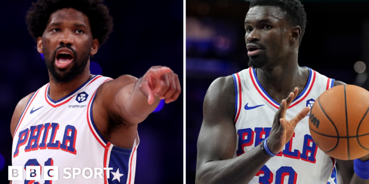 A split image of Joel Embiid pointing and Adem Bona holding a basketball, with both players wearing white Philadelphia 76ers jerseys