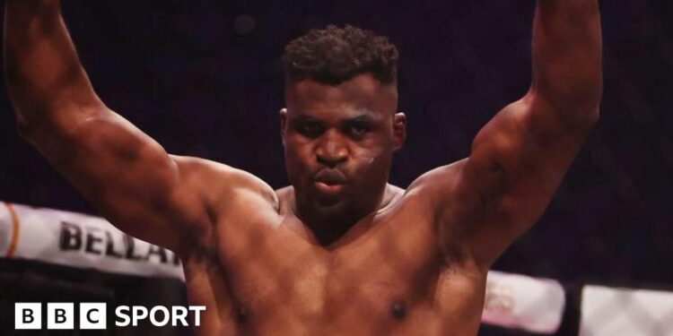 Francis Ngannou celebrates his win over Renan Ferreira at the PFL Super Fights event in Riyadh, Saudi Arabia