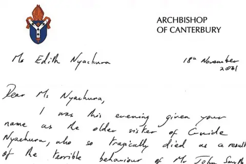 A screengrab of the opening of a letter sent by Justin Welby to Edith Nyachuru dated 18 November 2021. It is headed note paper and says: 'Dear Ms Nyachuru, I was this evening give your name as the older sister of Guide Naychuru, who so tragically died as a result of the terrible behaviour of Mr John Smyth.' 