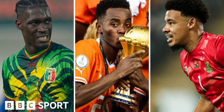 A split image of Yves Bissouma playing for Mali, Simon Adingra kissing the Africa Cup of Nations trophy and Ronwen Williams in action for South Africa