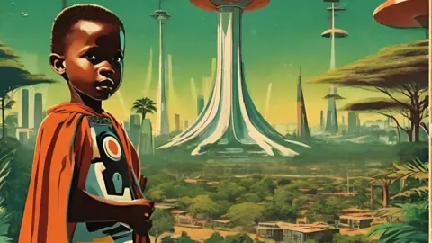 Kairos Futura A stylised futuristic imagining of Nairobi with a child in the foreground wearing an orange cape and towers resembling trees in the background.