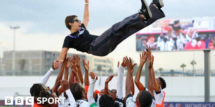 TP Mazembe boss Lamia Boumehdi is thrown into the air by players as they celebrate a victory at the African Women's Champions League