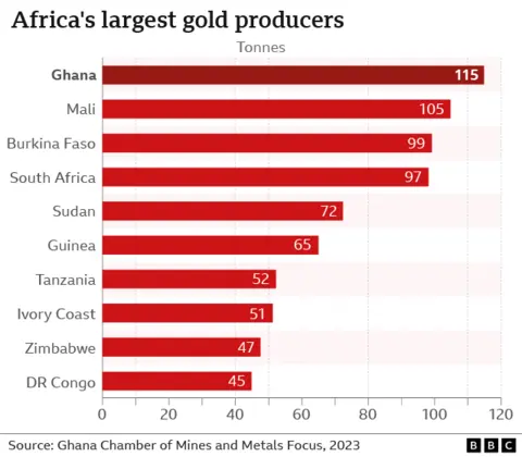 A bar chart showing Ghana at the top of the list of African gold producers - with 115 tonnes in 2023. Also on the list are Mali - 105 tonnes, Burkina Faso - 99 tonnes and South Africa 97 tonnes.