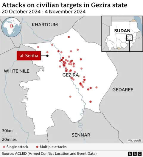 A map showing attacks in Gezira state between 20 October and 4 November 2024