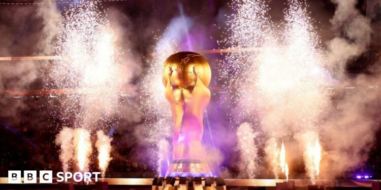 A giant Fifa World Cup trophy on display at the 2022 Qatar World Cup.