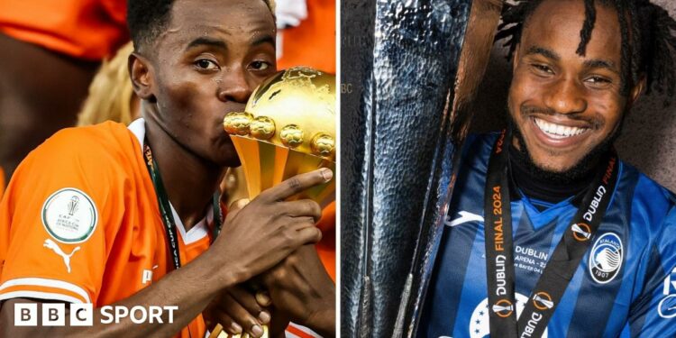 A split image shows Simon Adingra wearing an orange Ivory Coast shirt and kissing the Africa Cup of Nations trophy while Ademola Lookman smiles broadly in a black and blue Atalanta shirt while holding the Europa League trophy