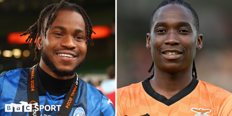 Ademola Lookman in blue and black Atalanta shirt raises both arms with clenched fists as if in preparation to punch the air in celebration