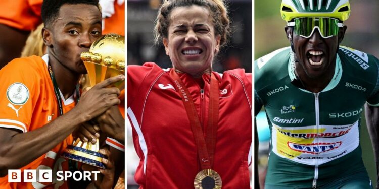 A triptych showing Ivory Coast winger Simon Adingra kissing the Africa Cup of Nations trophy, Raoua Tlili crying in a red Tunisia tracksuit as she wears a gold medal at the Paralympics and Biniam Girmay, wearing a green cycling kit and helmet, screaming in celebration