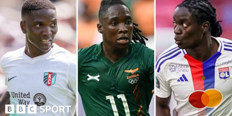 A split image shows Temwa Chawinga pictured in a white Kansas City shirt, Barbra Banda in a green Zambia shirt and Tabitha Chawinga in a white, blue and red Lyon shirt