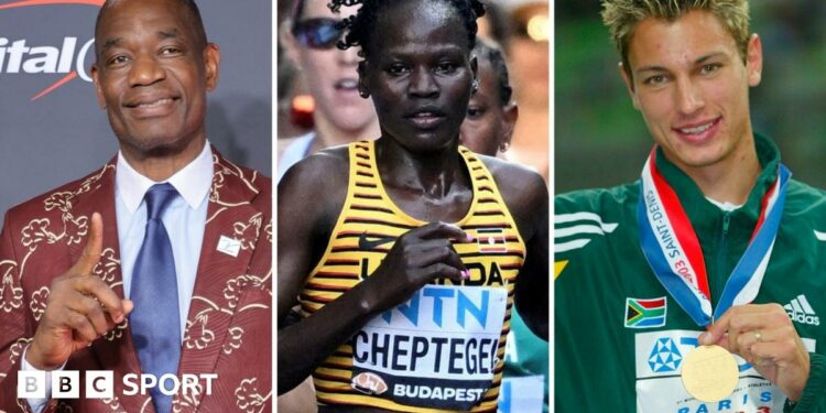 A triptych showing Dikembe Mutombo holding his right index finger aloft while wearing a colourful red suit and blue shirt and tie, Rebecca Cheptegei running in a yellow and black striped Uganda vest and Jacques Freitag in a green South Africa tracksuit jacket while holding a gold medal on a red, while and blue ribbon