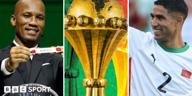 A triptych showing Didier Drogba holding a piece of paper saying Morocco, a colourful image of the Africa Cup of Nations trophy and a picture of Achraf Hakimi smiling while wearing a white Morocco shirt