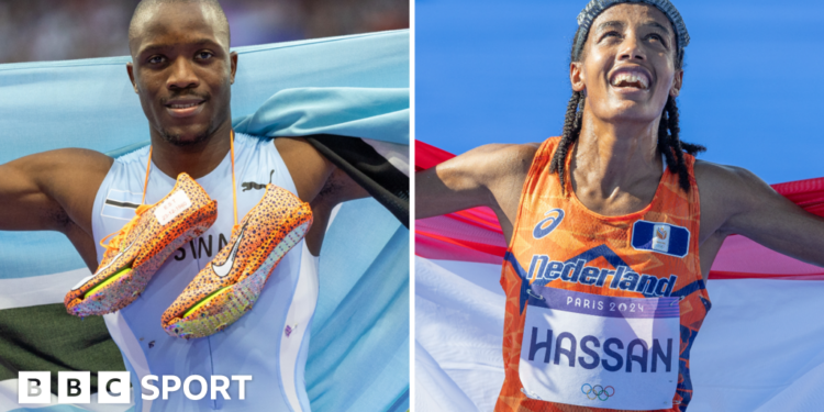 Letsile Tebogo and  Sifan Hassan celebrating their gold medals at the Paris Olympics