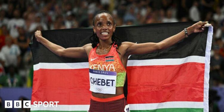 Beatrice Chebet celebrates winning 5,000m gold at the Paris Olympics