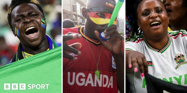 A Tanzania fan, a Uganda fan and a Kenya fan all show support for their national sides with face paint, a vuvuzela and a flag respectively