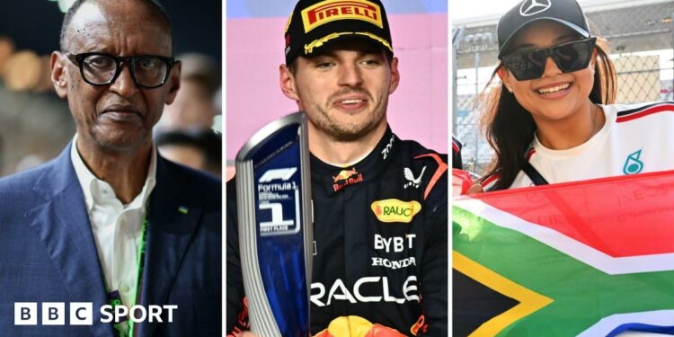 A triptych showing Rwanda President Paul Kagame in a white shirt and blue suit, Formula 1 driver Max Verstappen in racing overalls holding a trophy and a fan wearing sunglasses and a Mercedes cap holding a South African flag