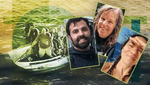 BBC A composite image featuring Sea Story passengers being rescued in a small boat. In the foreground are the smiling portraits of three survivors - Justin, Froydis and Lisa. 