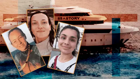 BBC A composite image shows the Sea Story, a luxury white dive boat, at sea in the background, with three of the survivors who spoke to the BBC: Hissora Gonzalez,  Lucianna Galetta and Sarah Martin.