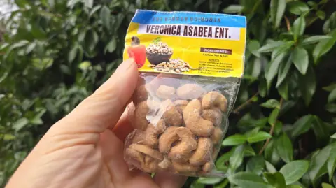 A bag of Ghanaian cashews that were roasted locally