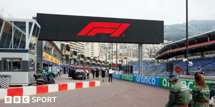 F1 logo above the pit lane at the Monaco Grand Prix